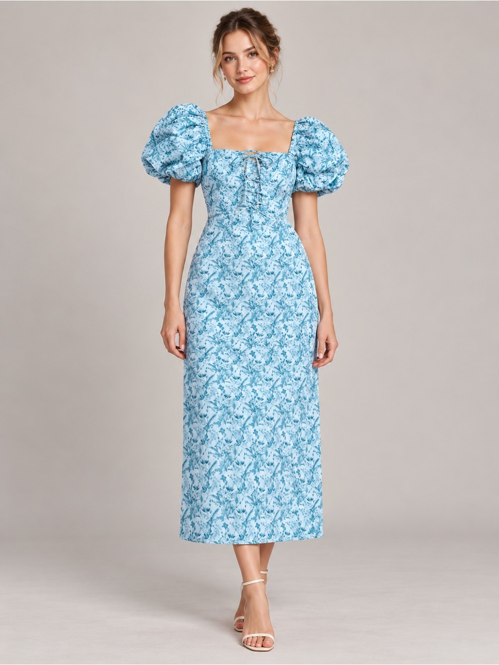 Tuckernuck Hyacinth House Lila Teal Blue Floral Lace-Up Puff Sleeve Midi Dress
